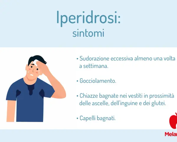 Uomo con sudorazione eccessiva, asciuga la fronte con un fazzoletto. La maglietta presenta macchie di sudore. Sintomi di iperidrosi.