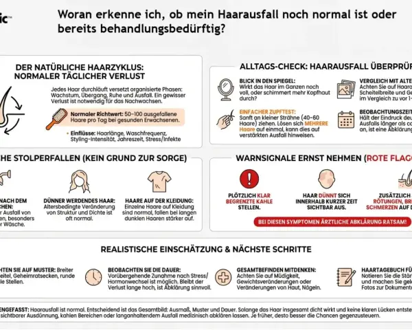 Der Text erklärt, wann **starker Haarausfall** normal ist und wann er ärztliche Hilfe erfordert. Er zeigt, wie man den eigenen Haarzustand beurteilt.