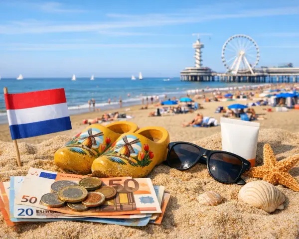 Holenderska flaga, drewniaki, euro i okulary przeciwsłoneczne na plaży. Czekając na moment, kiedy jest wypłacane wakacyjne w Holandii.