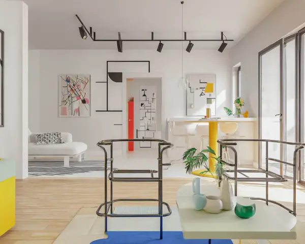 Nowoczesne wnętrze z meblami i grafikami w stylu bauhaus przykłady. Jasne kolory, geometryczne formy, minimalistyczne krzesła.