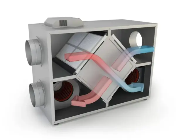 Ventilationsaggregat med FTX-installation. Visar hur varm och kall luft utbyts för energieffektivitet.