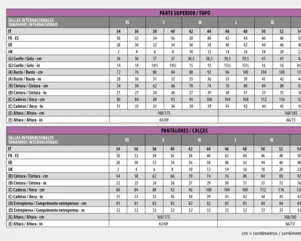 Tabla de tallas pantalones mujer: equivalencias en cm y pulgadas para cintura, cadera y altura.