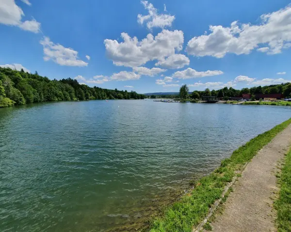 Ein sonniger Tag am Ellwanger See mit bewaldeten Ufern und einem Weg am Wasser.