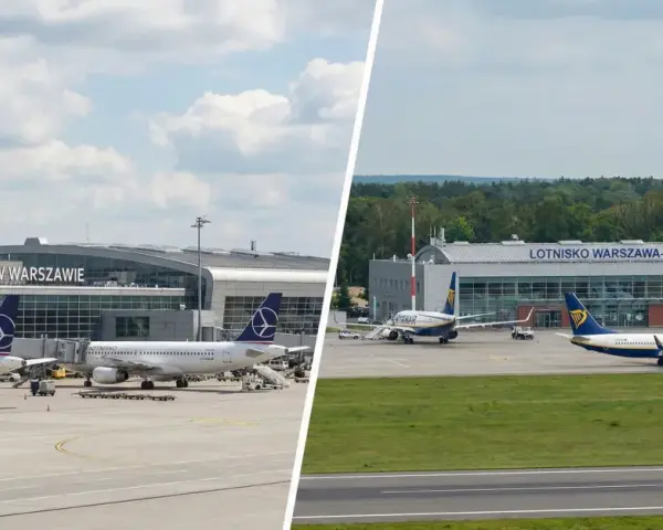 Dwa lotniska w Warszawie: Chopina z wieżą kontroli lotów i samolotami LOT, oraz Warszawa-Modlin z samolotami Ryanair.
