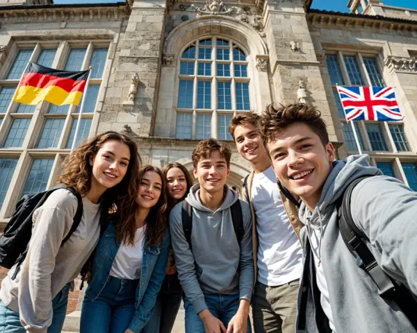 Sechs lächelnde junge Leute vor einem Gebäude mit deutschen und britischen Flaggen. Ein aufregendes Auslandsjahr in England beginnt!
