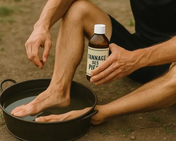 Un homme utilise un produit pour comment durcir la peau des pieds, trempant un pied dans une bassine d'eau.