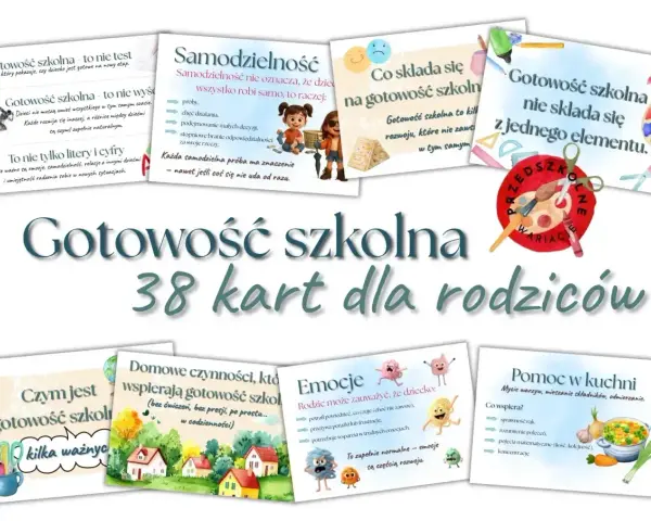 Zestaw 38 kart z prostymi zadaniami do wykonania dla dzieci, wspierającymi gotowość szkolną.