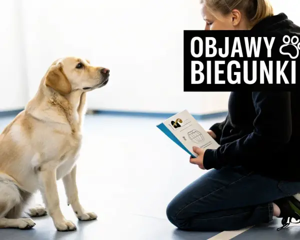 Labrador siedzi, patrząc na kobietę klęczącą z ulotką o objawach biegunki u psa.