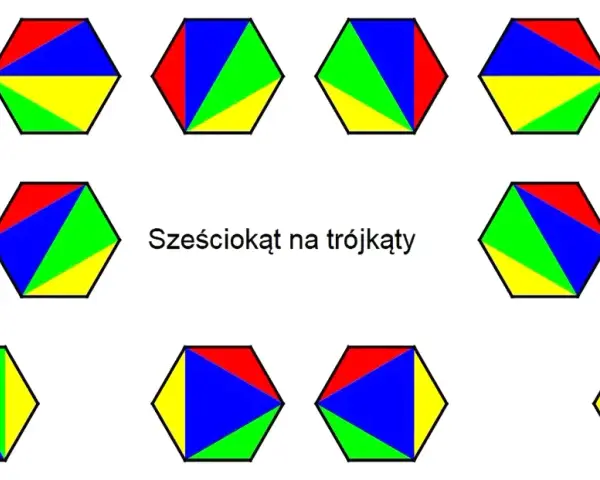 Sześciokąty podzielone na kolorowe trójkąty. Różne kombinacje brył geometrycznych.
