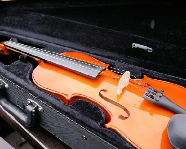 Eine glänzende Geige liegt im schwarzen Kasten. Ob Geige vs. Violine, beide Instrumente verzaubern mit ihrem Klang.