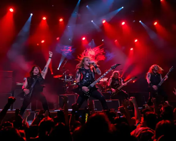 Un groupe metal actuel enflamme la scène sous des projecteurs rouges. Les musiciens jouent avec passion, leurs cheveux volant au vent, devant une foule en délire.