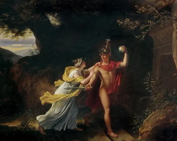 Ariadna podaje Tezeuszowi nić, by ten pokonał Minotaura. Mit o Tezeuszu i Ariadnie ożywa w tej scenie.