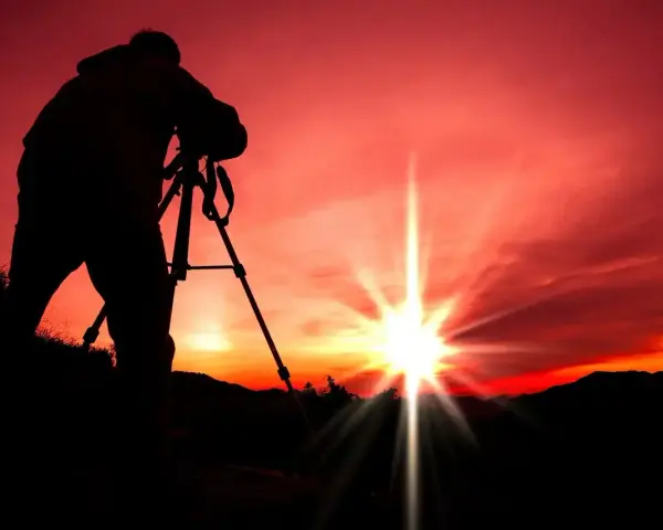 Silhouette d'un photographe sur trépied, capturant le soleil éclatant lors d'un coucher de soleil rougeoyant.