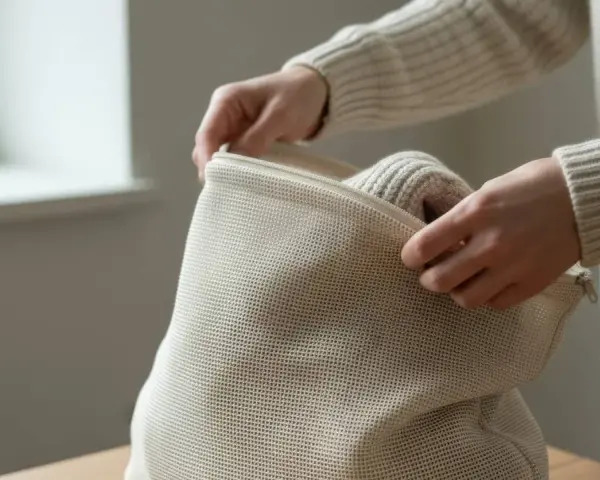 Händerna drar igen en tvättpåse med en stickad tröja inuti, för att undvika att ullen krymper i tvätten.
