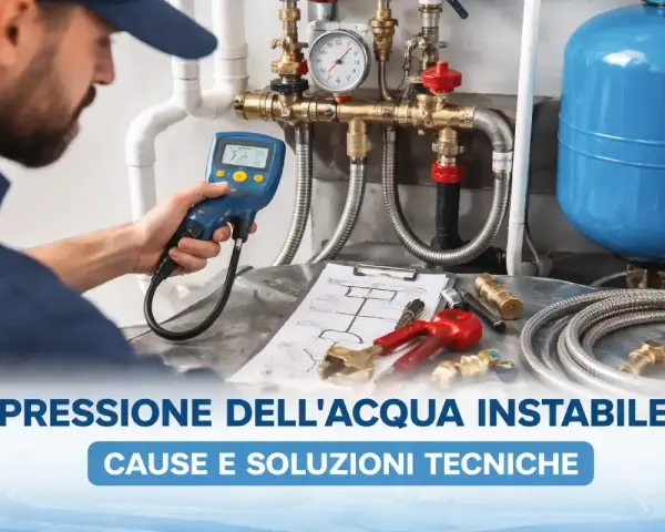 Idraulico controlla la pressione acqua bassa con strumento digitale. Impianto idraulico, manometro e schema tecnico sul tavolo.