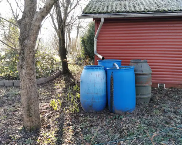 Zbiorniki na deszczówkę przy czerwonym budynku. Prawda o rzekomym opodatkowaniu deszczówki zbieranej na prywatnych posesjach jest taka, że nie ma takiego podatku.