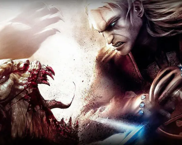 Geralt de Rivia, en el the witcher remake, se enfrenta a una bestia sangrienta. Sus ojos brillan con furia mientras prepara su espada.