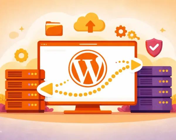 Illustration d'un ordinateur affichant le logo WordPress, avec des serveurs et une flèche symbolisant la migration. Idéal pour un plugin de migration WordPress.