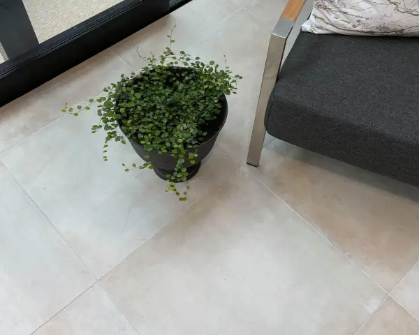 Ljust, stilrent golv till uterum med en krukväxt och en del av en mörkgrå fåtölj.