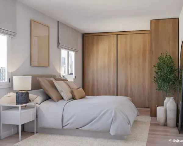 Acogedor dormitorio estilo escandinavo con cama, mesita de noche, armario de madera y planta decorativa.