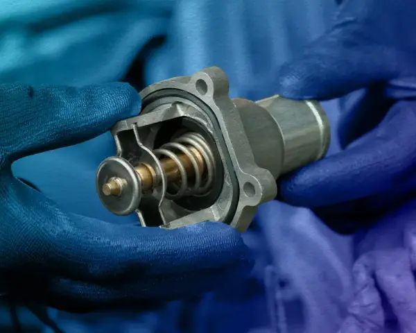 Hands in blue gloves hold a car thermostat, ready for replacement. The internal spring and valve are visible.