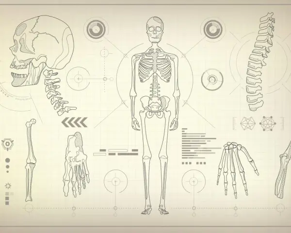 Anatomia człowieka rysunek z opisem: schemat szkieletu, czaszki, kręgosłupa, dłoni i kości kończyn na tle technicznym.
