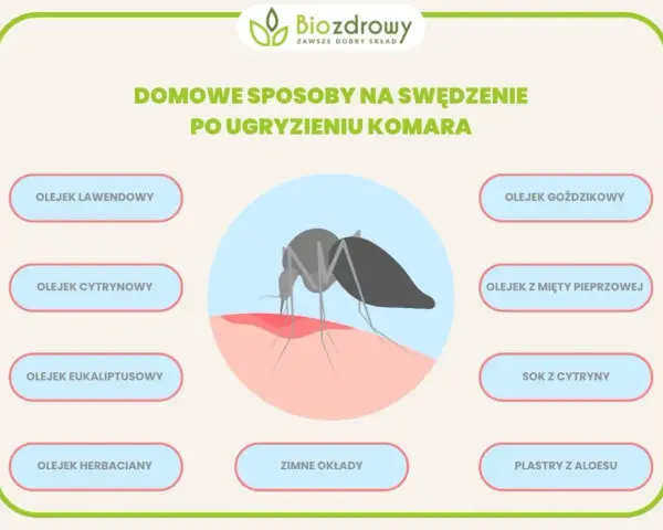 Domowe sposoby na ukąszenia komarów: olejki lawendowy, cytrynowy, goździkowy, z mięty pieprzowej, eukaliptusowy, herbaciany, sok z cytryny, zimne okłady i plastry z aloesu.