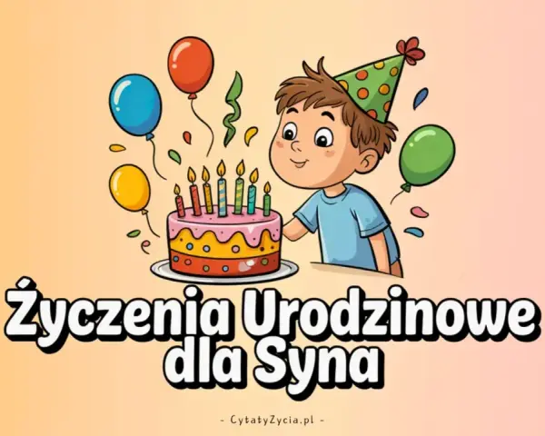 Chłopiec w czapce urodzinowej zdmuchuje świeczki z tortu. Balony i konfetti tworzą radosną atmosferę. Idealne życzenia urodzinowe dla syna.