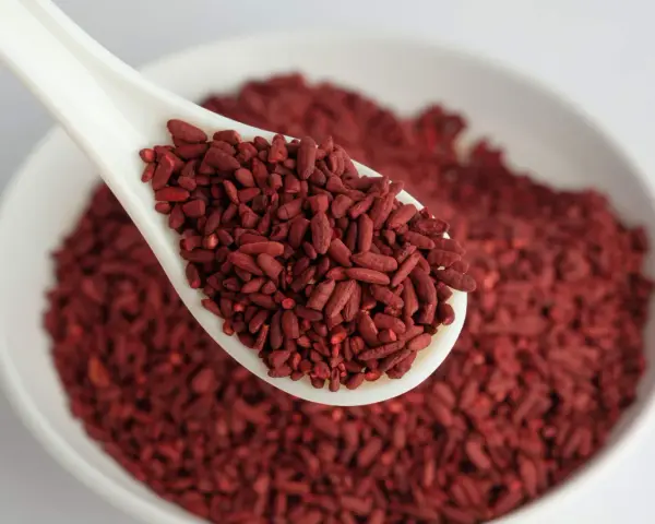 Un cucchiaio bianco pieno di riso rosso fermentato, ingrediente noto per il suo effetto sul gonfiore addominale.