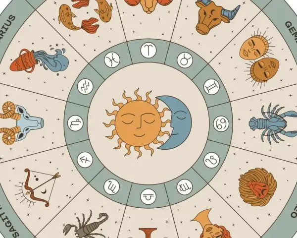 Okrąg zodiaku z symbolami i nazwami znaków. 23 września to początek Wagi, symbolizującej równowagę.
