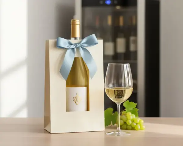 Bouteille de vin blanc sec dans un emballage cadeau, verre de vin et raisins verts. Idéal pour un classement "top 10 vin blanc sec".