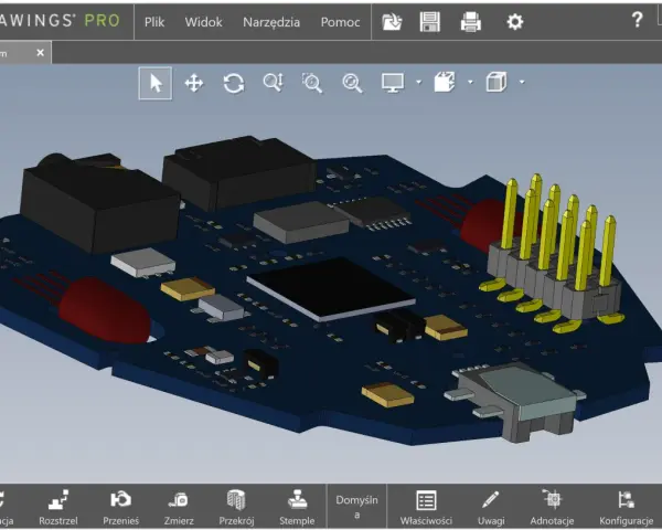 Model 3D płytki drukowanej z elementami elektronicznymi, widoczny w oprogramowaniu do projektowania.