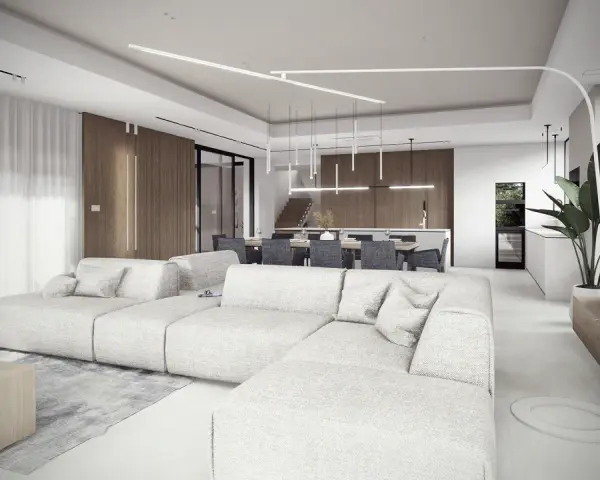 Nowoczesny salon z jadalnią, jasne meble, drewniane akcenty, rośliny.