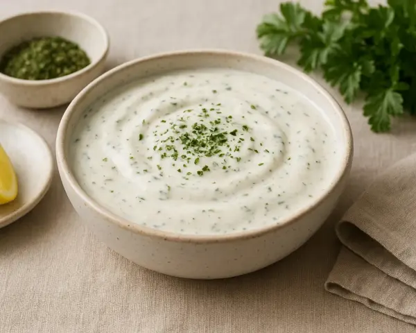 A bowl of creamy ranch dressing with herbs, a lemon wedge, and a small dish of dried herbs.