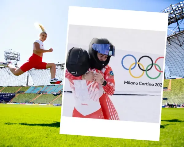 Klaudia Adamek w skoku na stadionie i dwie zawodniczki bobslejowe w uścisku przed logo Milano Cortina 202.