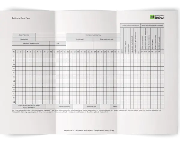 Formularz ewidencji czasu pracy z polami do wpisania danych, dni i rodzajów nieobecności.