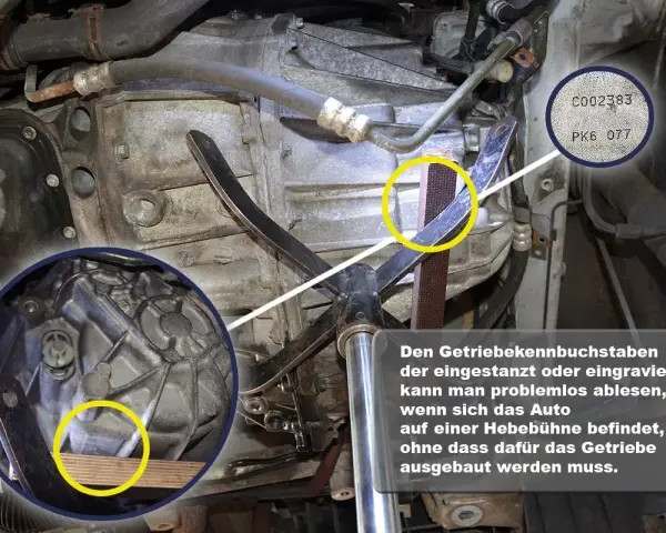 Getriebekennbuchstabe "PK6 077" ist auf dem Getriebe eingraviert und auf der Hebebühne gut ablesbar.
