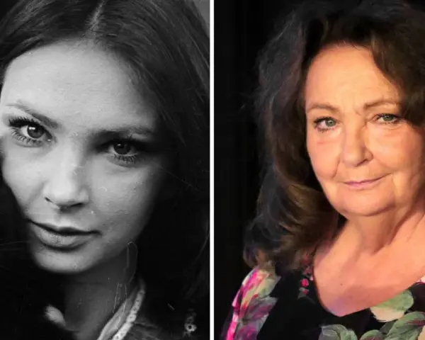 Anna Dymna w wieku 40 lat, z czarnym kotem na lewym zdjęciu, i ta sama aktorka, starsza, w kolorowym kwiecistym ubraniu, po prawej.