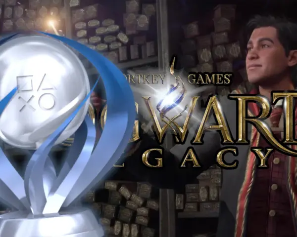 Trofeos de Hogwarts Legacy: un estudiante mira con orgullo mientras un trofeo de PlayStation brilla, rodeado de varitas mágicas.