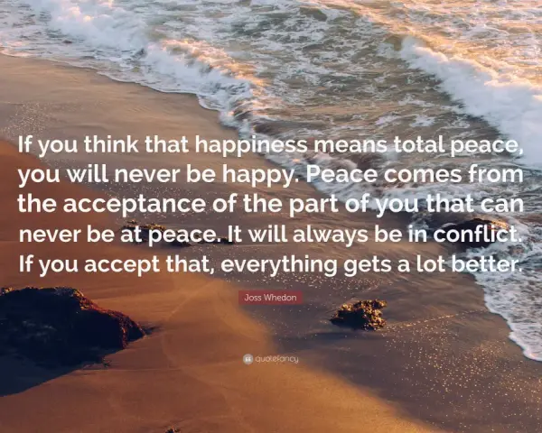 A serene beach scene with waves lapping the shore, featuring a quote about finding peace through acceptance, leading to being content.