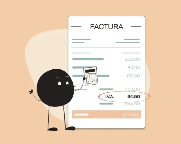 Un personaje animado muestra una calculadora junto a una factura, ilustrando cómo calcular el IVA.