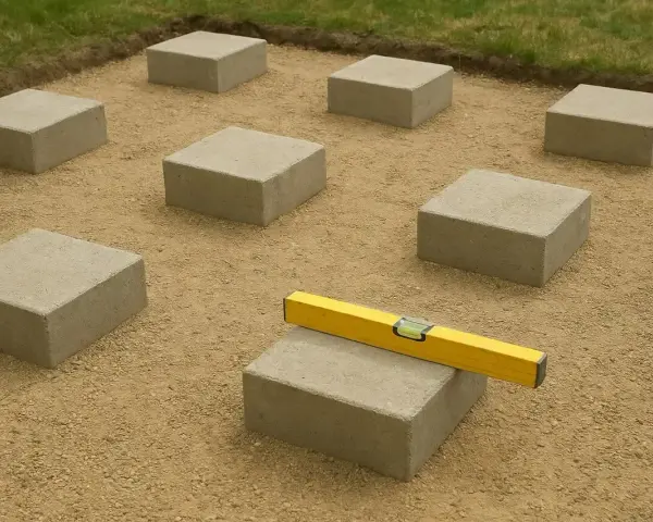 Układanie betonowych bloków pod przyszły taras. Poziomica na jednym z nich zapewnia równość.
