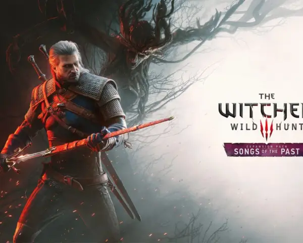Geralt de Rivia, listo para la batalla en el remake de The Witcher. Un árbol sombrío y el logo del juego completan la escena.
