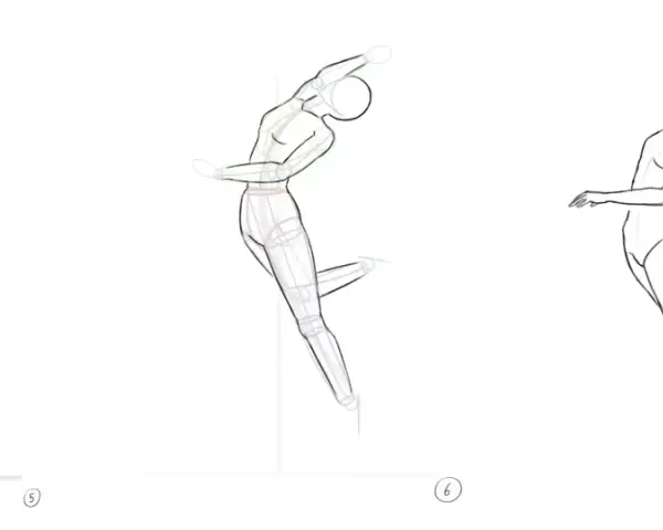 Étapes d'un dessin silhouette facile : une esquisse de mannequin articulé évolue vers une silhouette de danseur gracieuse en mouvement.