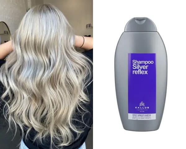Piękne, falowane blond włosy i butelka szamponu rewitalizującego kolor do włosów blond Kallos Silver Reflex.