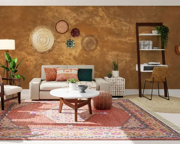 Salón acogedor con sofá beige, alfombra de estilo bohemio y adornos de pared circulares. Predominan los colores cálidos, creando un ambiente hogareño.