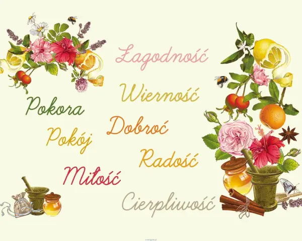 Kwiaty, owoce i zioła symbolizują owoce ducha świętego: łagodność, wierność, dobroć, pokorę, pokój, miłość, radość i cierpliwość.