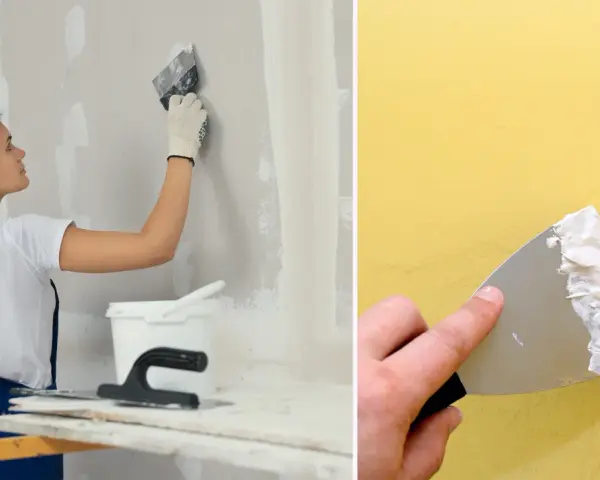 En person använder spackel och spackelspade för att jämna ut en vägg. Efter spackling kan sandpapper användas för en slät finish.