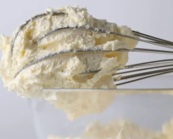 Puszysty krem z mascarpone, ubijany na drucianych trzepaczkach miksera, gotowy do deseru.