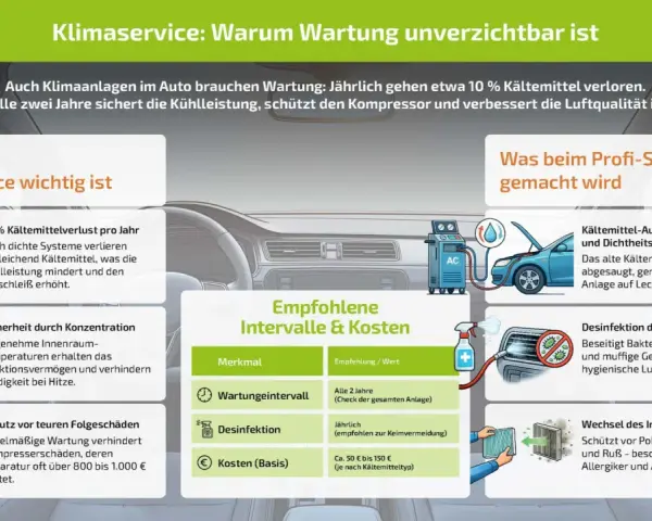 Infografik erklärt, was bedeutet AC im Auto: Klimaservice schützt vor Kältemittelverlust, sichert Konzentration & teure Reparaturen. Wartung alle 2 Jahre empfohlen.